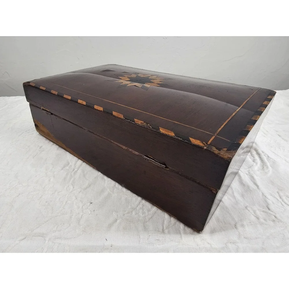 Antique Wooden Keepsake Box‎ Star Inlay Jewelry Trinket Storage Chest 1900s
